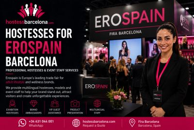 Hostesses promoting EROSPAIN at Fira Barcelona with professional event services.