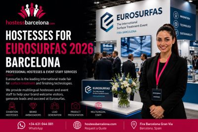 Hostess promoting Eurosurfas 2026 Barcelona at a trade fair booth.