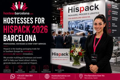 Professional hostess promoting Hispack 2026 at Fira Barcelona Gran Via.