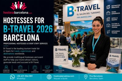 Professional hostess promoting B-Travel 2026 tourism fair in Barcelona.