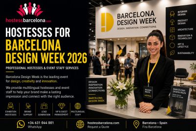 Professional hostess welcoming visitors at Barcelona Design Week 2026 event.