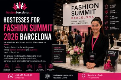 Hostess promoting Fashion Summit 2026 in Barcelona at an event booth.