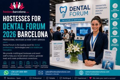 Hostesses promoting Dental Forum 2026 in Barcelona, offering professional event staffing.