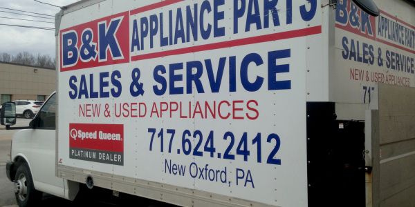Truck with signage for B&amp;K Appliance Parts sales and service in New Oxford, PA.