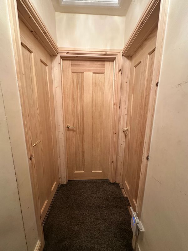 Hallway with three wooden doors and dark carpet.