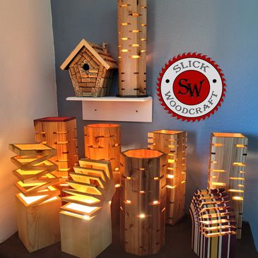 Collage of unique light sculptures Mood Lights and a unique wine cork birdhouse from Slick Woodcraft