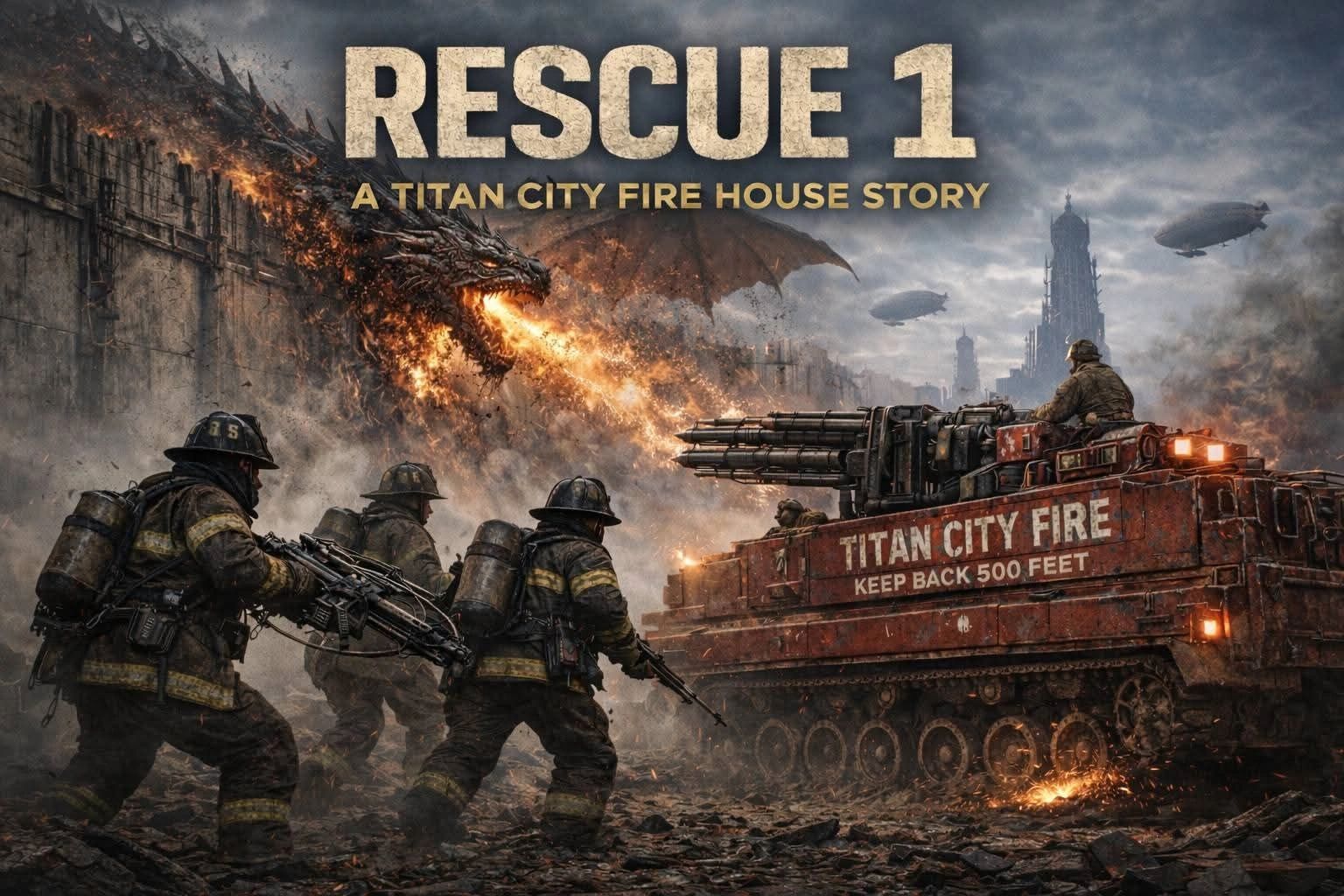 Firefighters in tactical gear battle a fire-breathing dragon with heavy weaponry.