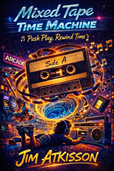 Colorful retro-themed book cover with cassette tape and arcade elements.