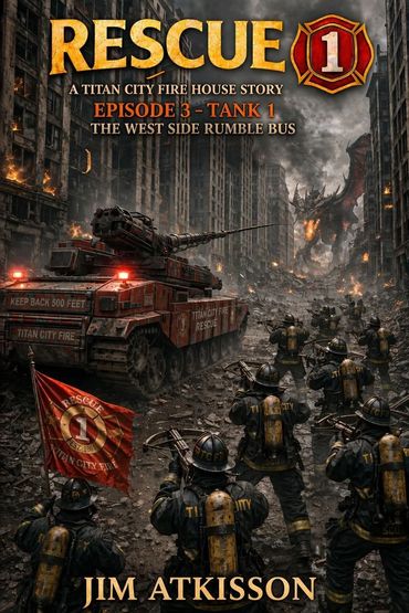 Firefighters advance with a rescue tank through a fiery, devastated cityscape.
