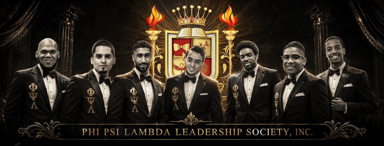 Seven men in tuxedos representing Phi Psi Lambda Leadership Society.
