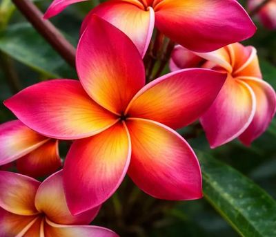 Vibrant pink and orange plumeria flowers blooming.