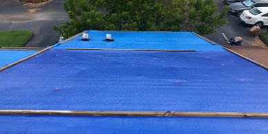 Two shades of blue tarp covering a roof under construction.