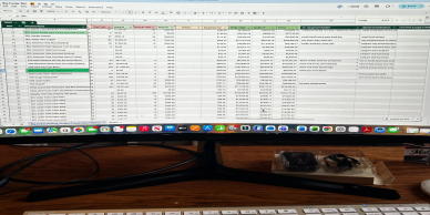 Spreadsheet with detailed task and update tracking on a widescreen monitor.