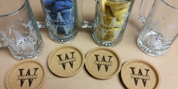 Custom Etched Glassware and Laser Engraved Cork Coasters