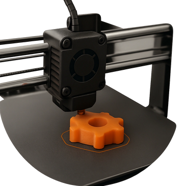 3D printer creating an orange gear-shaped object.