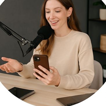 Young woman recording a podcast while reading from her phone.