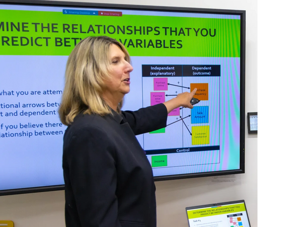 Woman presenting a diagram on variable relationships in a classroom setting.