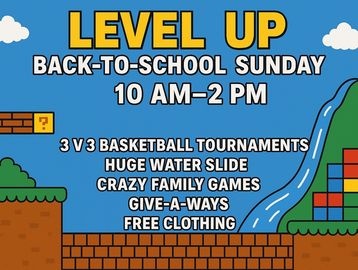 Back-to-school event with games, basketball, water slide, giveaways, and free clothing.