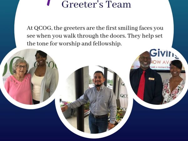 Smiling greeters at QCOG welcoming visitors warmly at the entrance.