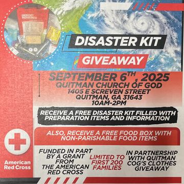 Disaster kit giveaway on September 6, 2025, at Quitman Church of God with free kits and food boxes.