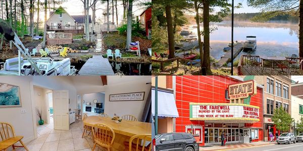 Collage of photos featuring the exterior of a lakeside cabin