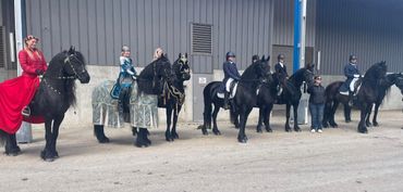 Seven riders on black horses wearing a mix of costumes and riding attire.