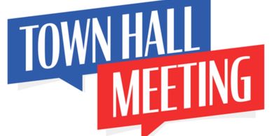 Graphic text saying Town Hall Meeting in blue and red boxes.