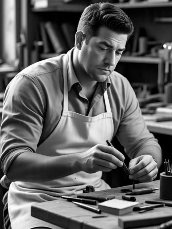 Man in apron working on a craft project.