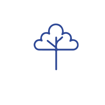 Line drawing in blue of a mature tree