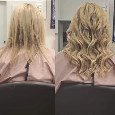 Before and after of curled blonde hair extensions