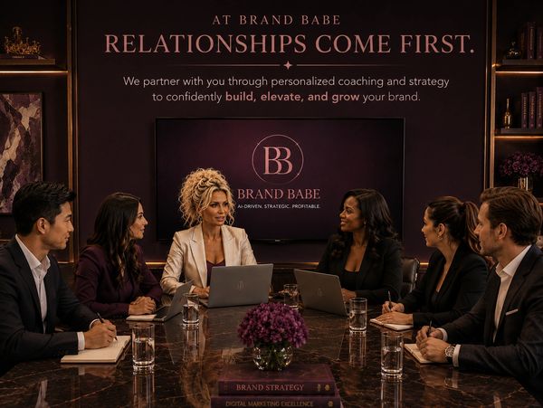 A diverse team collaborates on brand strategy in a professional meeting room.