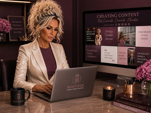 Woman working on branding strategy at a sleek, organized desk with laptop and inspirational content.