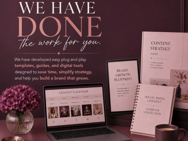 Workspace with digital tools and guides for brand growth and content strategy.