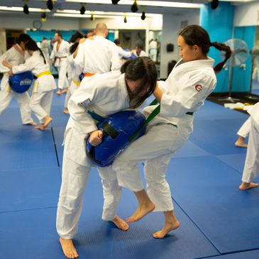 Women practising knee strikes using a pad in a Japanese Jiu-Jitsu dojo.