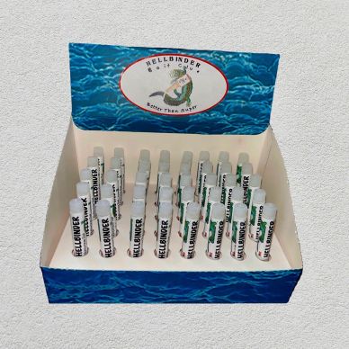 Display box of Hellbinder glue sticks with a water-themed design.