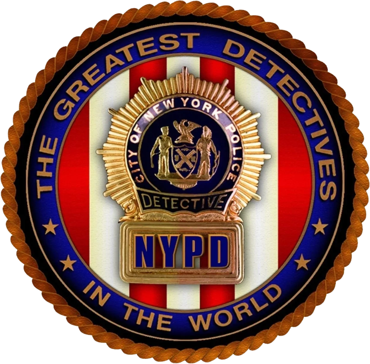NYPD detective badge with patriotic red and white stripes and text praising detectives.