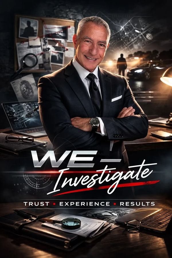 Confident investigator in a suit with tools of the trade in a dramatic crime-solving setting.