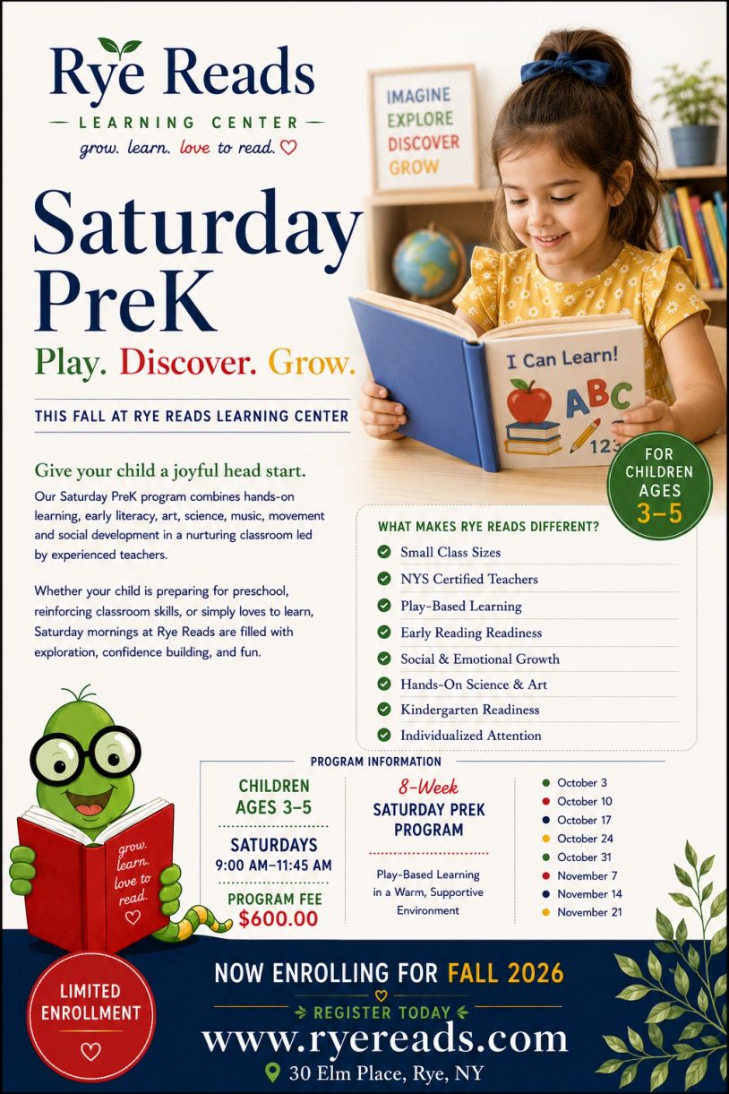 Rye Reads Saturday PreK program for children ages 3-5 with play-based learning.