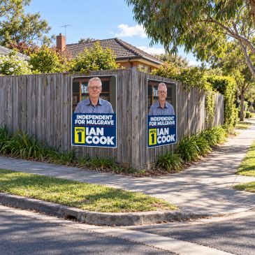 Political campaign posters for Ian Cook on a wooden fence at a street corner.