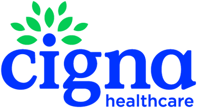 Cigna Healthcare logo with green leaves and blue text.