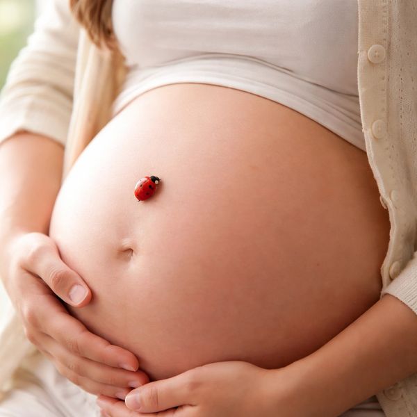 Pregnant belly with a ladybug resting gently on it.