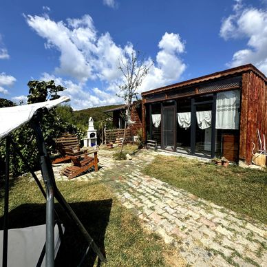 Cozy backyard with wooden cabin, swing, and clear blue sky.