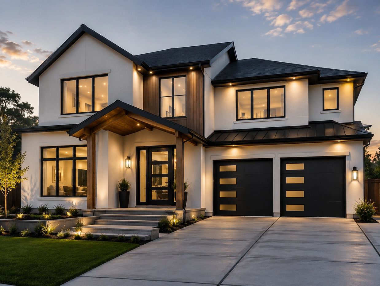 Modern two-story house at dusk with lights on.