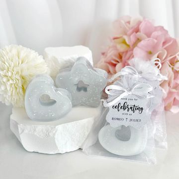 heart and star mini soaps in sheer organza bags tied with a custom tag in personalized names.