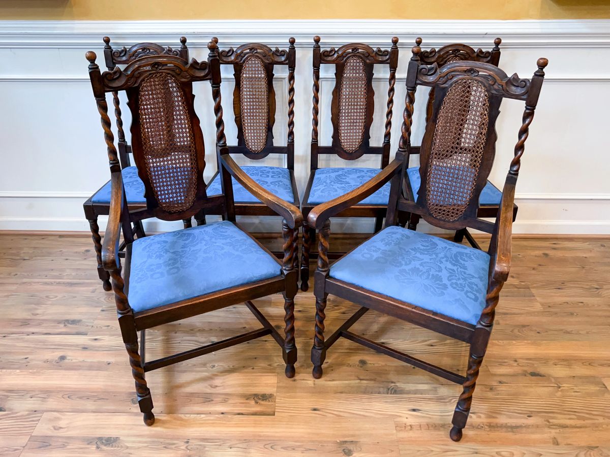 Antique English Oak Barley Twist Cane Back Carved Dining Chairs C.1900 Set  of 6