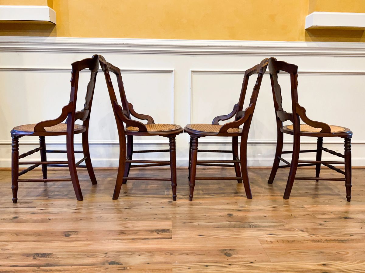 Antique Eastlake Style Dining Chairs, Carved Walnut, Cane Seat, Spindle  Legs. Set of 4.