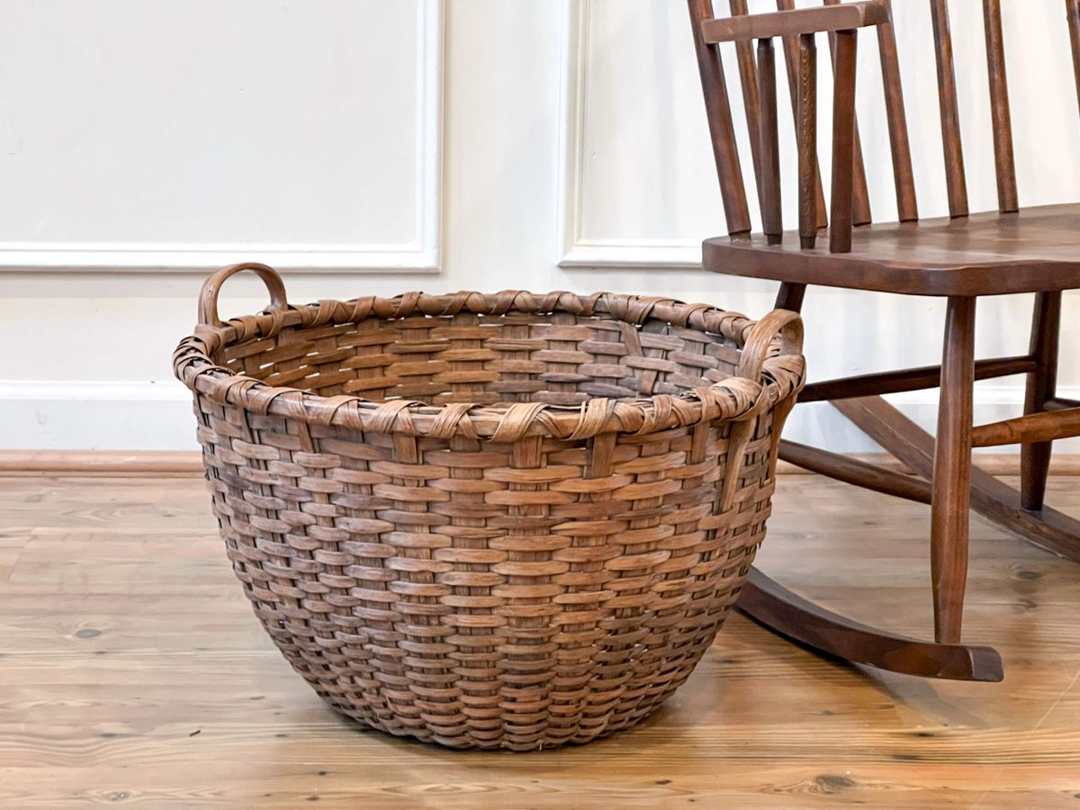 Antique 19th Century Large Woven Splint Wood Basket With Handles