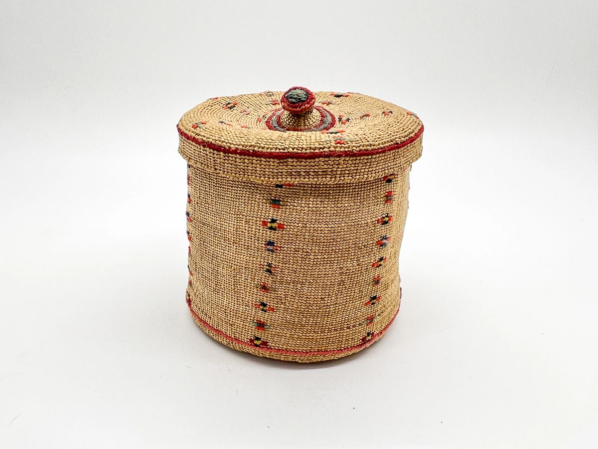 Rare Aleut Finely Woven Grass Small Lidded Basket, Aleutian Islands, Alaska C.1900.