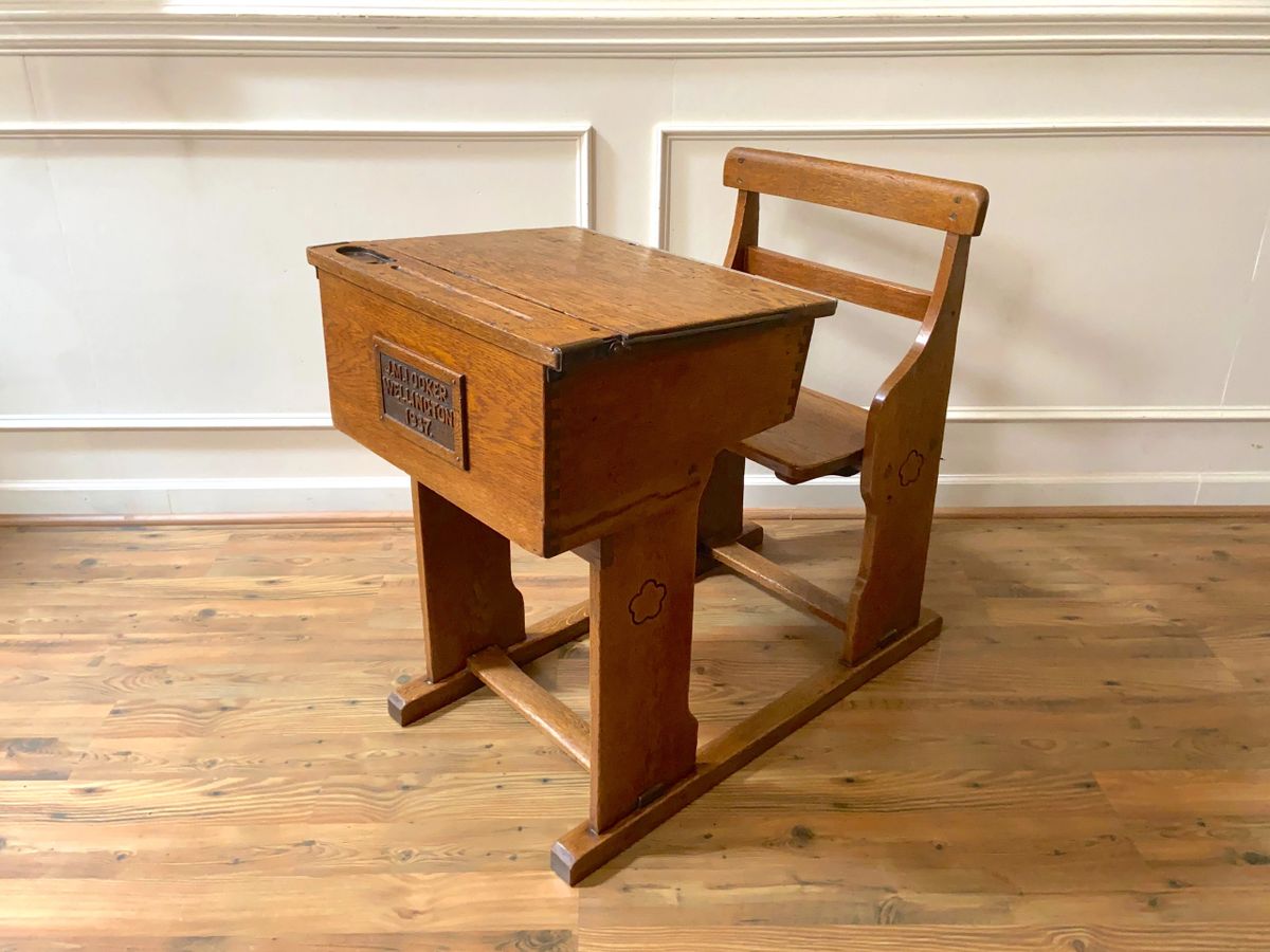 Vintage Oak Slant Top School Desk with Attached Bench.