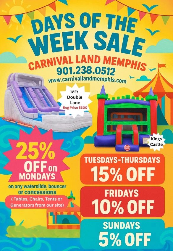 Bright sale poster for Carnival Land Memphis with discounts on inflatables and concessions.